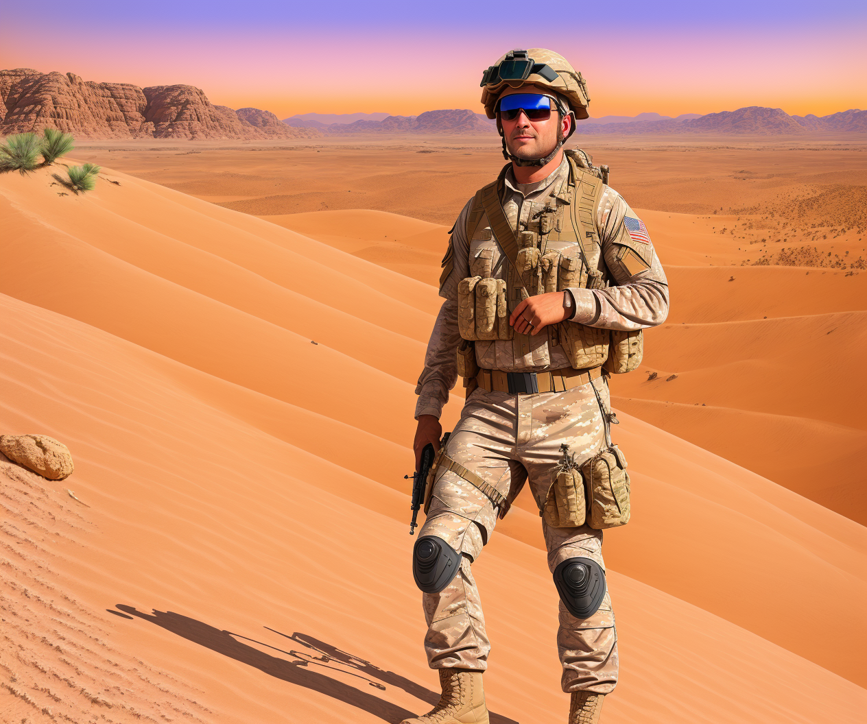 03649-2742920028-(ddstyle_1.1), painting of an American soldier standing on a desert hill, wearing sunglasses and a helmet and modern digital des.png